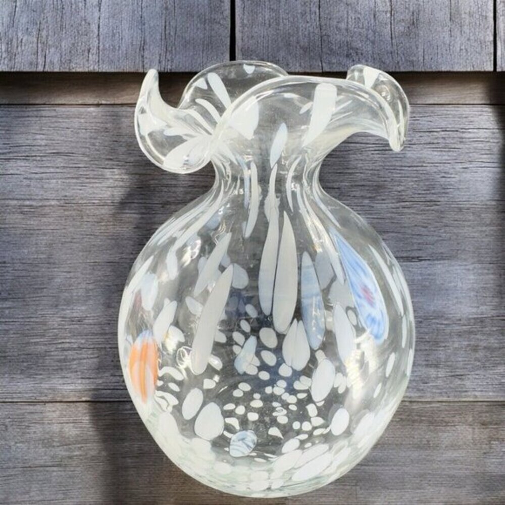 1980s Blown Glass Vase Transparent With White Blue Orange Spots Ruffle‎ Edges